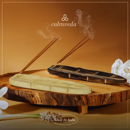 Miniatura 5 de Calmveda Soporte de incienso de madera hecho a mano, paquete de 2 soportes para incienso para palos, bandejas de doble color en forma de hoja