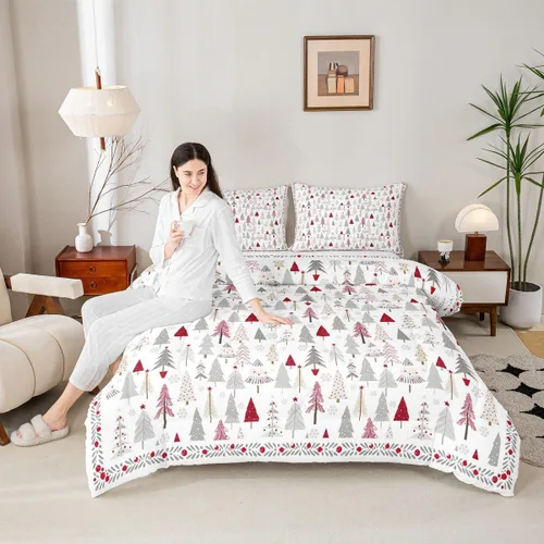 Manfei Juego de edredón de Feliz Navidad para niños, tamaño individual, juego de ropa de cama rústica de pinos de dibujos animados, decoración de