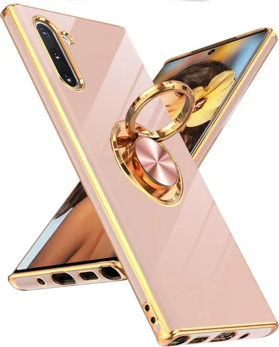 LeYi Funda para Note 10 - Soporte de anillo giratorio de 360°, soporte magnético, funda protectora con borde de oro rosa chapado [no aplicable Note