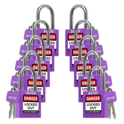 Miniatura 11 de TRADESAFE Juego de cerraduras de bloqueo - 7 candados iguales con llave roja, 2 llaves por cerradura, cerraduras Loto compatibles con OSHA