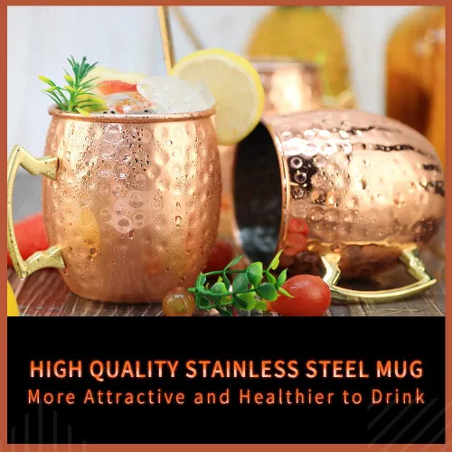 Miniatura 4 de LINALL Moscow Mule - Juego de 2 tazas grandes forradas de acero inoxidable chapado en cobre de 18 onzas, tazas martilladas seguras para alimentos a