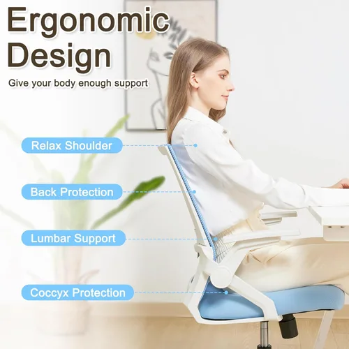 Miniatura 3 de Silla ergonómica de oficina con altura ajustable de malla, silla giratoria con brazos abatibles y soporte lumbar, color azul Brazos abatibles - Azul