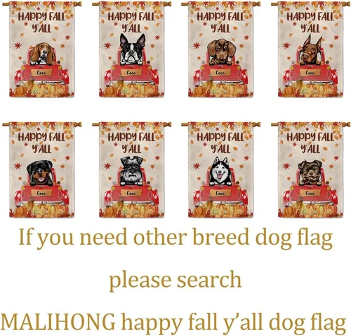 Miniatura 6 de Bandera con texto en inglés «Happy Fall Y'all» con diseño de perro inteligente con calabaza en camión rojo y hojas de arce, pancarta de otoño
