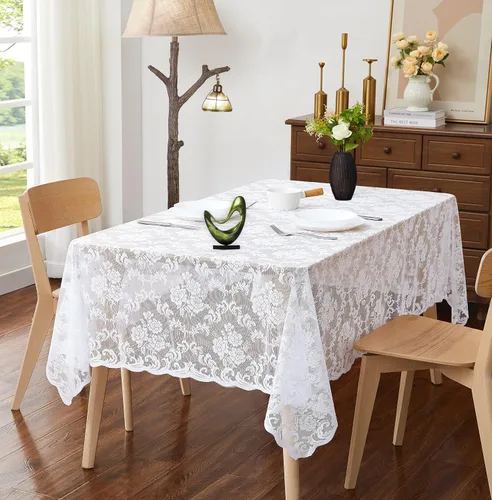 Miniatura 7 de ASATEX Mantel redondo de encaje de lino dorado de 48 pulgadas. El patrón floral clásico y elegante es la elección ideal para cualquier comedor