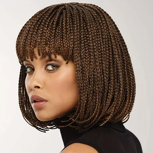 Miniatura 4 de Peluca trenzada de caja sintética corta estilo Bob, peluca trenzada con flequillo, peluca trenzada Cornrow para mujeres negras (12 pulgadas, 1BH30#)