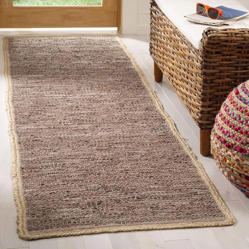 SAFAVIEH Cape Cod Collection - Alfombra de pasillo, 2 pies 3 pulgadas x 8 pies, marrón y natural, cuero hecho a mano y yute, ideal para zonas de