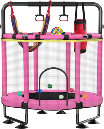 Miniatura 7 de Trampolín para niños, cama elástica completa antioxidante de 440 libras para interiores y exteriores con red, trampolín ajustable de 55 pulgadas