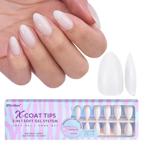 BTArtboxnails Puntas de uñas de gel de almendra cortas - Pre coloreadas en blanco lechoso, puntas de uñas de gel suave blanco lechoso, uñas postizas