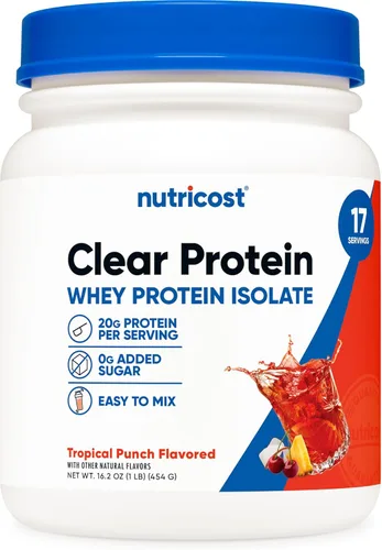 Nutricost Polvo aislado de proteína de suero transparente (Tropical Punch) 1 LB – 0.71 oz de proteína, 0.00 oz de azúcar añadido, sin OMG, sin gluten