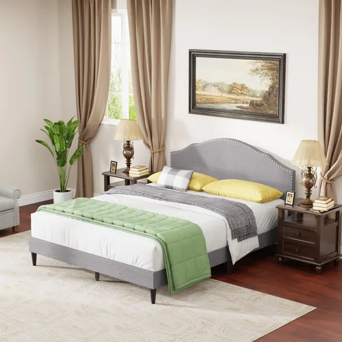 Miniatura 8 de PayLessHere Base de cama tapizada de plataforma completa con cabecera de tela y soporte de listones de madera, totalmente tapizado, no necesita Gris