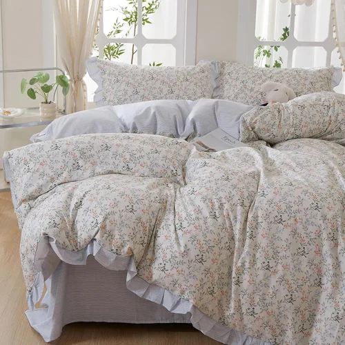 Miniatura 25 de Juego de funda de edredón blanca con estampado floral azul, juego de ropa de cama de algodón suave estilo bohemio, juego de ropa de cama estética