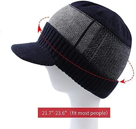 Miniatura 5 de XIAOHAWANG Gorro de invierno para hombre con visera de cable de punto con forro polar de retazos a rayas con ala para deportes al aire libre