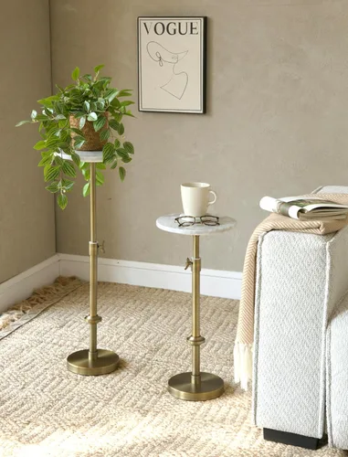 Miniatura 4 de Mesa de bebida de mármol de altura ajustable - 10x10x22-30, mármol blanco y latón antiguo, mesa auxiliar redonda moderna, mesa lateral con soporte