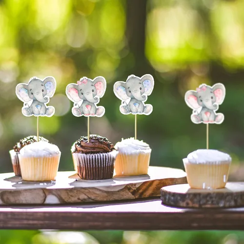 Miniatura 3 de 24 piezas de decoración para cupcakes de elefante rosa y azul, para decoración de fiesta de cumpleaños, baby shower, niños, niños o niñas