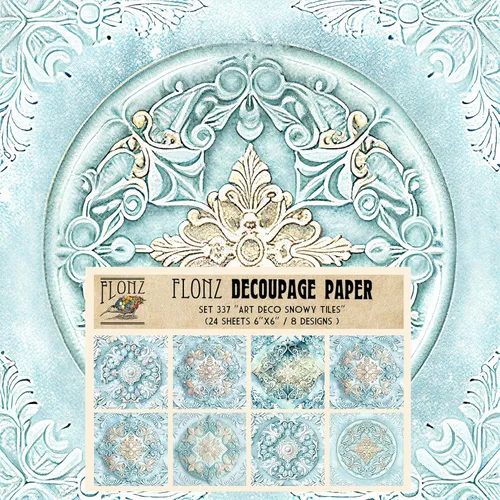 Paquete de papel decoupage (24 hojas 15,2 cm x 15,2 cm) Azulejos de arte deco nevados # Papel con patrón estilo vintage para decoupage, manualidades