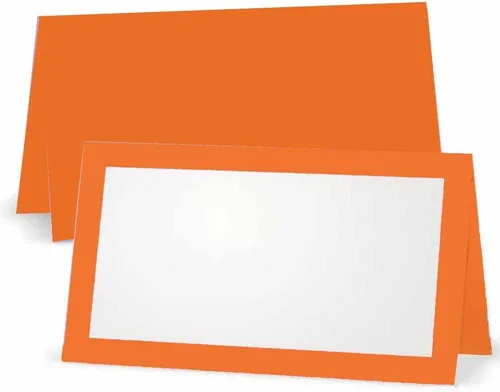 Tarjetas de lugar naranjas, plana o tienda de campaña, paquete de 10 o 50 unidades, parte delantera blanca en blanco con borde, tabla de colocación,