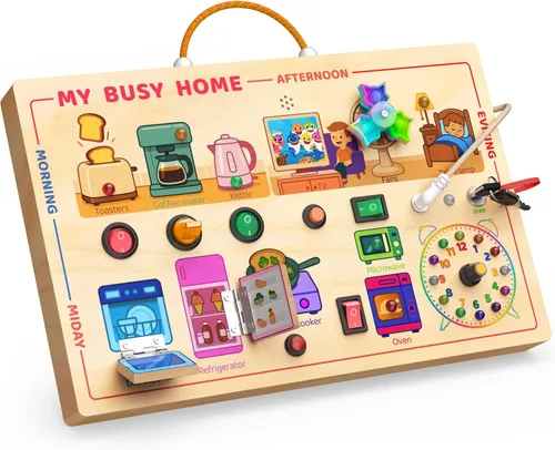 UdoUto My Busy Home Montessori Tabla Ocupada para Niños Pequeños de 1-3 - Tabla de Actividades Sensoriales de Madera con Electrodomésticos de Madera