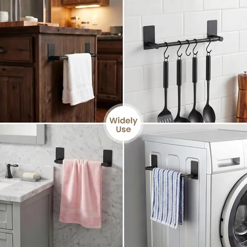 Miniatura 6 de Barra de Toalla Adhesiva Negra de 9 Pulgadas, Soporte de Toalla de Baño Adhesivo, Soportes de Toalla de Mano, Sin Perforación en la Pared - Negro