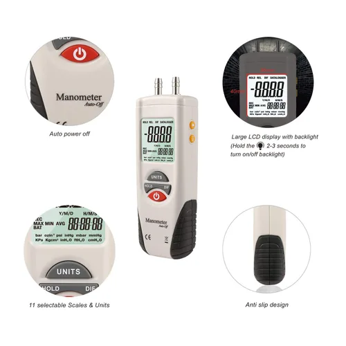 Miniatura 3 de Manómetro digital, medidor de presión de aire de doble puerto, medidor de presión, medidor de gas HVAC, manómetro de presión diferencial con puerto