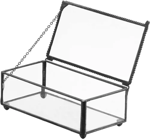 Joyero de cristal vintage con tapa con bisagras, ideal para almacenamiento de baratijas, joyas, tarjetas, fotos, caja decorativa negra para