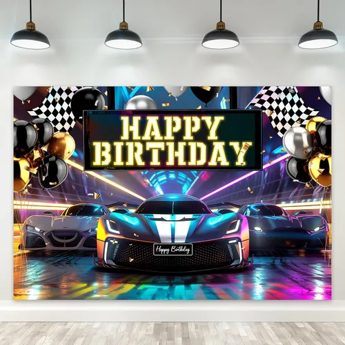 Riyidecor Telón de fondo de feliz cumpleaños de coche de carreras, bandera de cuadros negros y blancos de neón de 5 pulgadas de ancho x 3 pies de