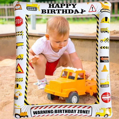 Miniatura 6 de 1 pieza de temática de construcción inflable para cabina de fotos selfie, camión volquete gigante, excavadora, grúa, zona excavadora, fiesta, marco