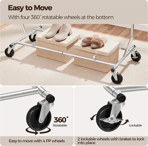 Miniatura 4 de Yaheetech Percheros de ropa comercial con ruedas, barra individual de grado ajustable, altura ajustable, perchero con ruedas para colgar ropa