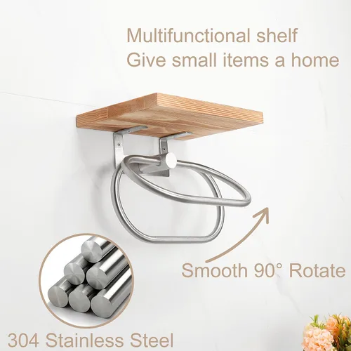 Miniatura 5 de TocTen Toallero de mano para baño, toalla de pared con estante de madera, toallero de mano de metal de alta calidad, accesorios de baño, colgador
