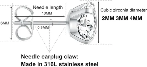 Miniatura 2 de Secure Flat Screw Back CZ Stud Earrings for Women Girls,Comfortable Flatback 2mm 3mm 4mm Cubic Zirconia Earrings for Cartilage Helix Tragus Piercing