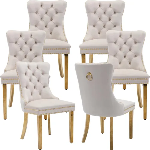 Miniatura 157 de ODUSE-DAILY - Juego de 4 sillas de cocina y comedor de terciopelo beige, tapizadas en tela, respaldo alto con alas, anilla metálica, estructura