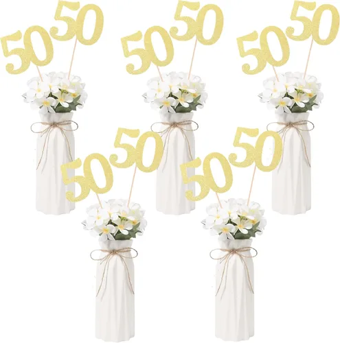 Miniatura 4 de Decoraciones de 50 aniversario NO 50, paquete de 10 centros de mesa de cumpleaños de 50 cumpleaños de doble cara con purpurina dorada para mesas