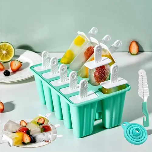 Miniatura 7 de Moldes de silicona para paletas de hielo, sin BPA, 10 cavidades, fácil liberación, con 10 varillas reutilizables, embudo y cepillo de limpieza