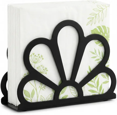 Servilletero de metal negro para encimera de mesa, dispensador vertical de pie para cocina, baño y uso al aire libre, bonita forma de flor