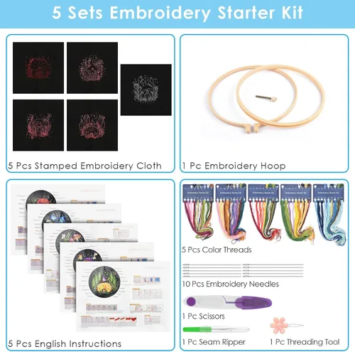 Miniatura 2 de ERKOON 5 Kits de Bordado para Principiantes, Juego de Costura Manual de Manualidades Kit de Inicio de Punto de Cruz de Hongos, Kits de Bordado DIY
