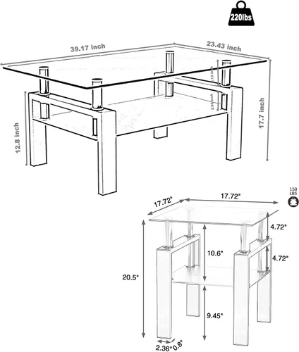 Miniatura 3 de Juego de 3 mesas auxiliares y mesa auxiliar de cristal, diseño clásico de 2 niveles, parte superior de vidrio templado y patas de metal sólido, uso