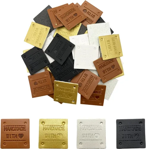 Miniatura 6 de 40 piezas de etiqueta de cuero PU de piel sintética hecha a mano con costura, etiqueta de piel sintética hecha a mano con relieve, adorno de crochet