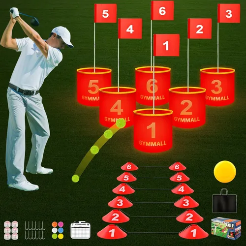 Juego de cubo de golf para patio trasero, cubo de 6 agujeros, juego de golf con luz LED y banderas para adultos y niños en interiores y exteriores,