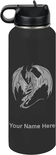 Miniatura 20 de LaserGram Botella de agua con tapa abatible de doble pared de 12 onzas con pajilla, dragón, grabado personalizado incluido (negro)