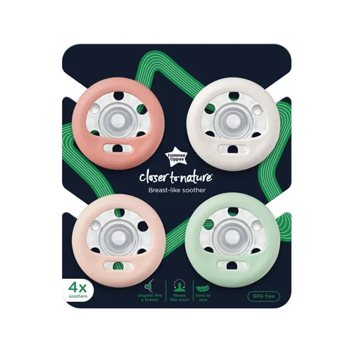 Miniatura 6 de Tommee Tippee - Chupete tipo pecho, 0-6 meses, diseño simétrico, bolsa tipo pecho natural, chupones libres de BPA, rosa/verde/crema, paquete de 4