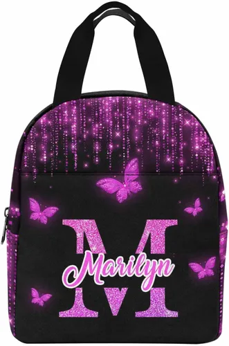 Miniatura 13 de InterestPrint Bolsa de almuerzo con nombre personalizado para hombres y mujeres, diseño de mariposa rosa y azul personalizada, caja de almuerzo