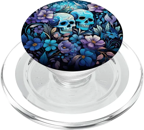 Miniatura 8 de PopSockets de arte floral púrpura con diseño de calavera de esqueleto de flores silvestres verde azulado y azul