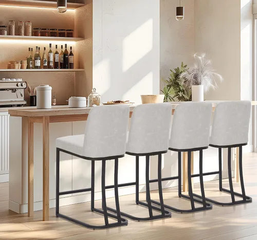 Miniatura 10 de Juego de 2 taburetes de bar de altura de mostrador de color blanco cremoso de 24 pulgadas, modernos taburetes de bar dorados con respaldo tapizado