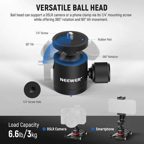 Miniatura 4 de NEEWER Camara deslizante Dolly con cabeza esférica y abrazadera para teléfono, 4 ruedas de mesa Dolly Patinador manual con panorama de 360°