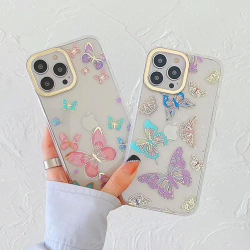 Miniatura 3 de Funda transparente con chispas brillantes para iPhone 15 Pro Max para mujeres y niñas, patrón de mariposas doradas, rosa y azul, funda protectora