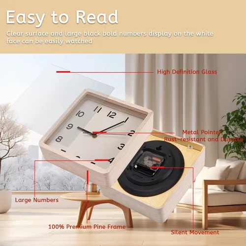 Miniatura 3 de Maxspace Reloj de pared de madera, reloj de pared cuadrado silencioso de 8 pulgadas sin tictac, funciona con pilas, reloj moderno y simple