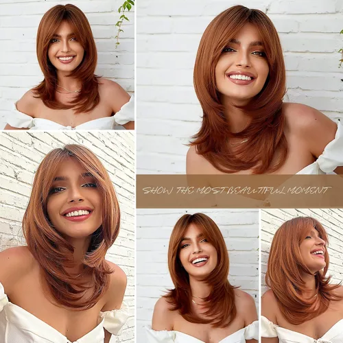 Miniatura 5 de HAIRCUBE Pelucas Auburn para Mujeres, Pelucas Largas en Capas Naranjas con Flequillo, Pelucas de Fibra Sintética Resistentes al Calor
