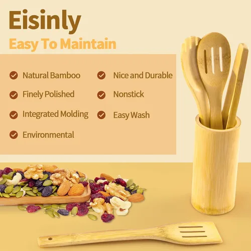 Miniatura 4 de Eisinly Cucharas de madera para cocinar, 7 piezas, juego de utensilios de cocina de madera antiadherentes, cuchara de espátula de madera duradera