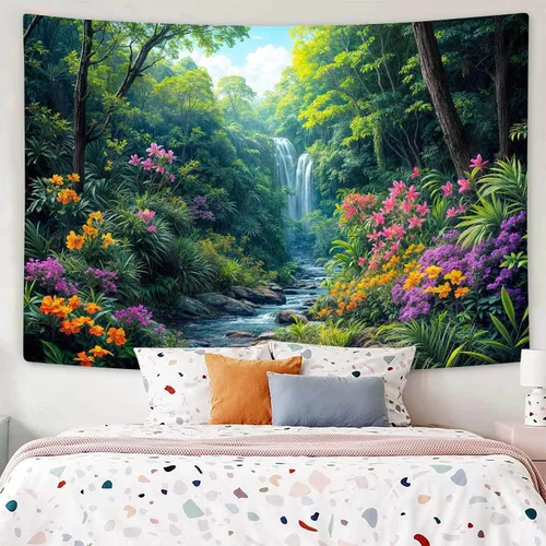 Tapiz de cascada de bosque, flores de paisaje natural, tapices para colgar en la pared para hombres y niños, decoración de arte de pared, decoración