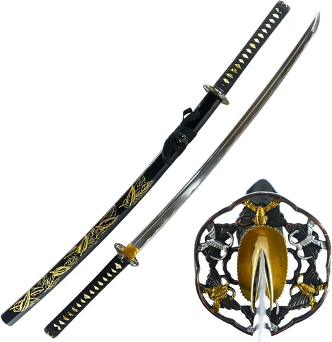 Miniatura 7 de Makoto Espada Katana Samurái negra forjada a mano de 41 pulgadas, pintada a mano, vaina negra de alto brillo