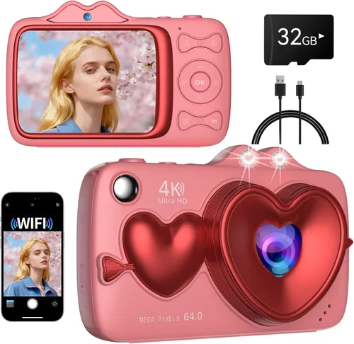 Miniatura 10 de Cámara digital, cámara de enfoque automático 4K 64MP con doble lente, zoom 18X/WiFi/tarjeta de 32 GB, cámaras de apuntar y disparar para regalos